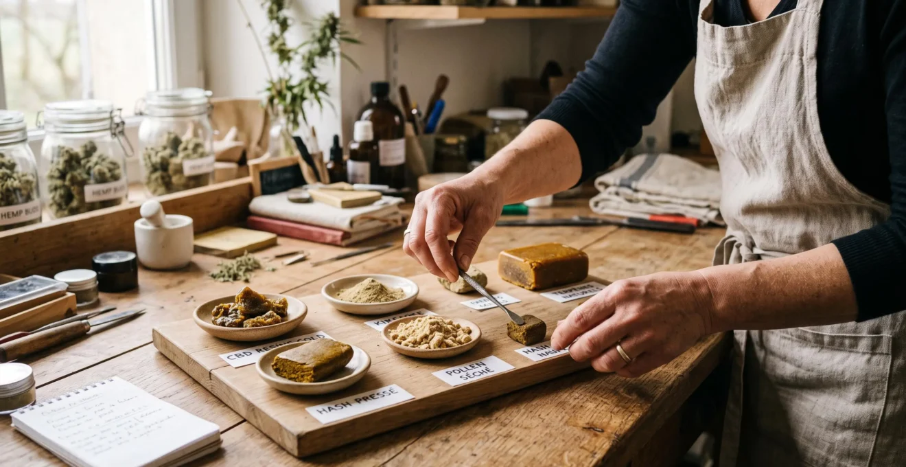 Mains d'un artisan manipulant différents échantillons de résine de CBD sur un plan de travail en bois naturel dans un atelier de production