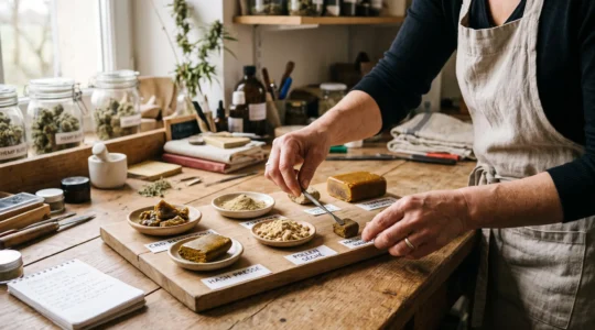 Mains d'un artisan manipulant différents échantillons de résine de CBD sur un plan de travail en bois naturel dans un atelier de production