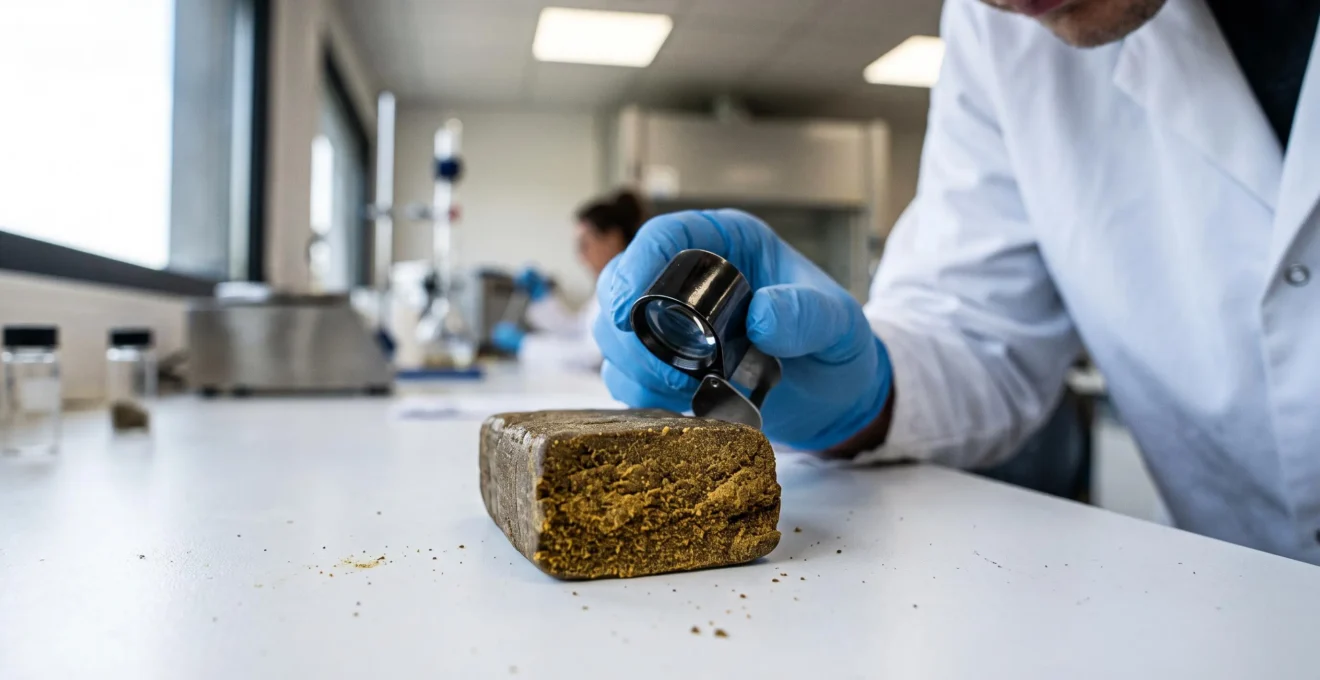 Examen rapproché d'un échantillon de résine CBD de qualité sur surface de laboratoire avec loupe d'inspection professionnelle
