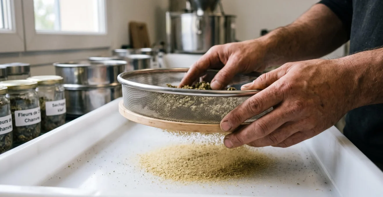 Gros plan sur un processus de tamisage manuel pour l'extraction de résine de CBD avec un tamis métallique fin