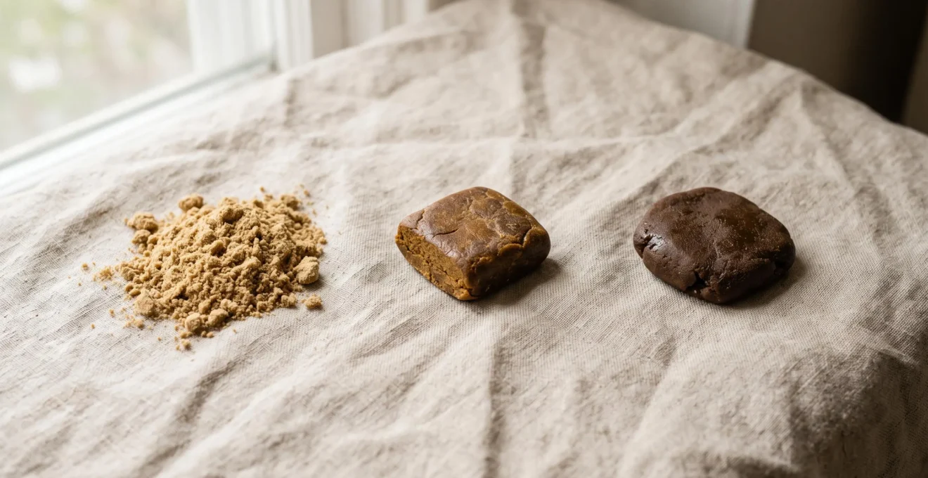 Présentation comparative de trois types de résine CBD montrant les différences de texture et de couleur sur surface en lin naturel